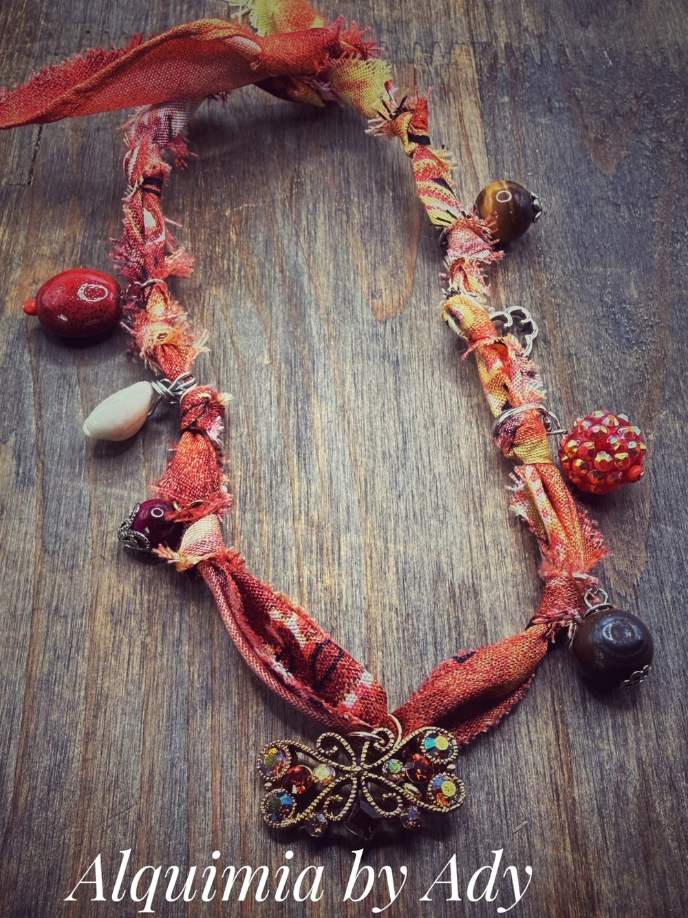 Burnt Orange Multi-Bead Ribbon Statement Necklace